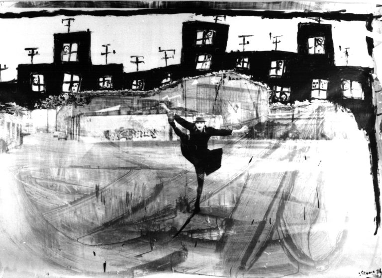 Tanz des Schmerzes Schwammtechnik und Häuser hinein gemalt 1985
